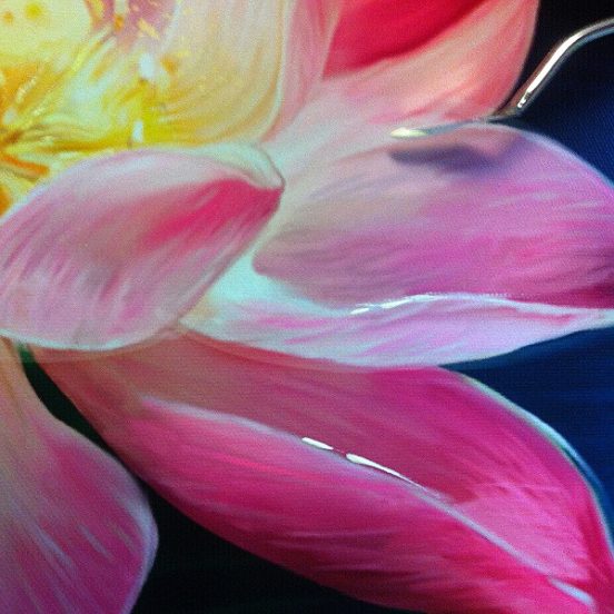 Peinture de Bali : "Sérénité 1" (détail des pétales la fleur)